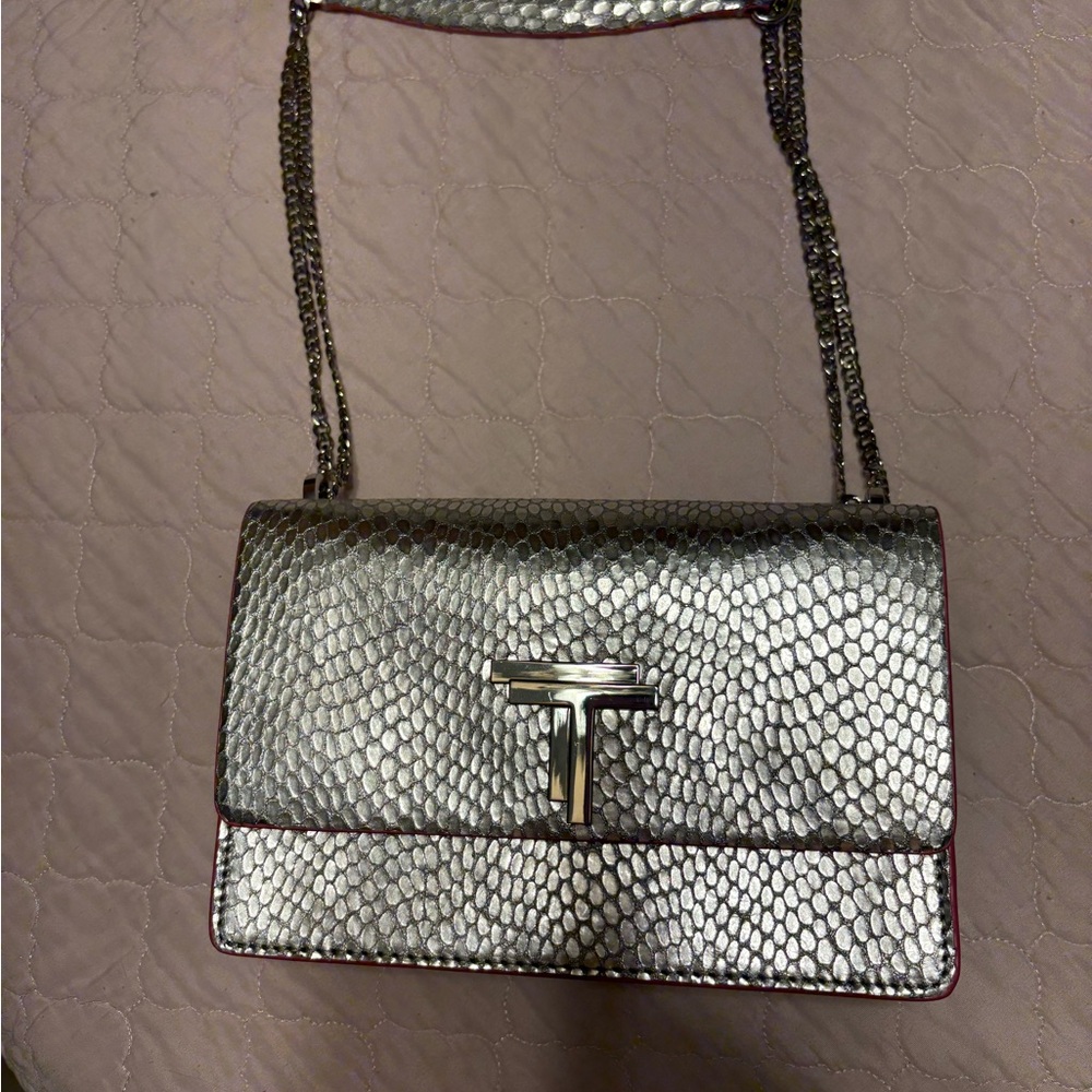 Trina Turk Silver Leather Textured Shoulder Bag with adjustable chain straps